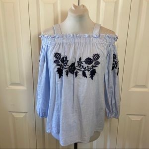 Maybe Wang Off Shoulder Embroidered Blue Stripe